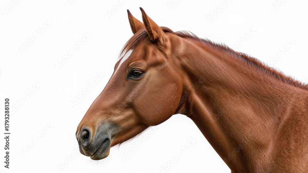 Fototapeta premium Brown horse head close-up with a white background.