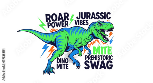 Vibrant Tyrannosaurus Rex Illustration with Jurassic Theme and Bold Typography.