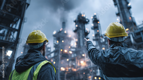 Two construction workers on a site, inspecting a factory facility. The environment reflects smoke from factory chimneys. 
