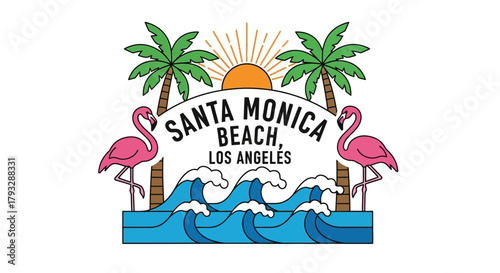 Santa Monica Beach Los Angeles vintage style illustration with palm trees and flamingos.