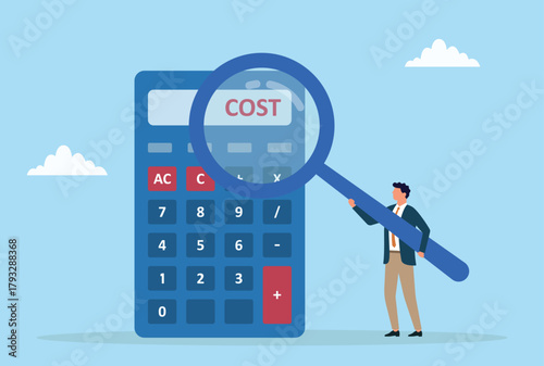 Vector illustration of a businessman analyzing a calculator while holding a giant magnifying glass, representing financial inspection, costing, budgeting, and detailed analysis work
