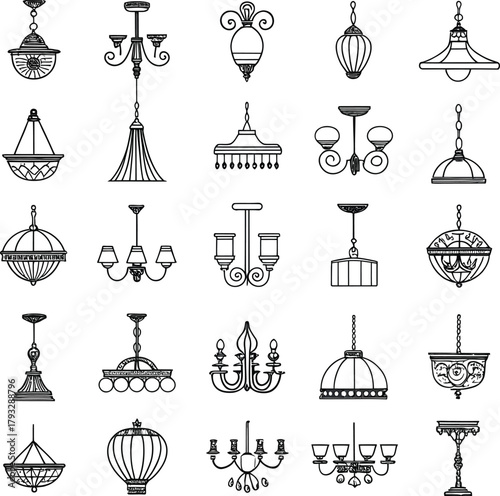Antique luxury vector silhouette icons set with classic black chandelier illustration, tree, anchor, lamp, and candlestick decoration