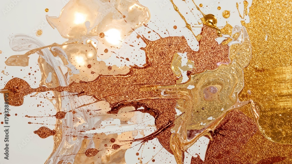 Fototapeta premium Abstract art with splashes of gold, copper, and beige paint creating a dynamic and textured composition.