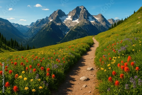 Fototapeta Naklejka Na Ścianę i Meble -  A scenic trail weaves through a vibrant wildflower meadow towards snow-capped peaks.
