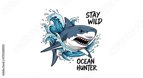 Dynamic shark illustration with ocean waves and motivational text.