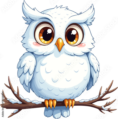 Cute white snowy owl sitting on a tree branch in winter, adorable cartoon bird illustration for Christmas cards, winter wildlife designs, kids projects, forest animal clipart and seasonal artwork