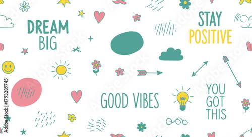 Motivational Doodle Pattern with Positive Affirmations and Cute Icons.
