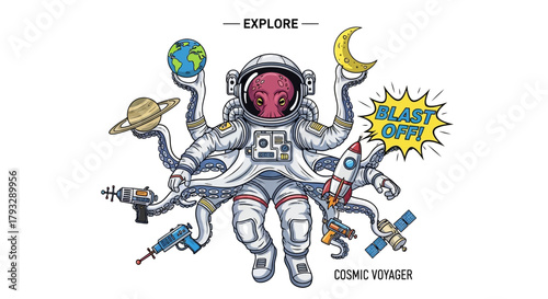 Astronaut with multiple arms holding planets and space objects illustration.