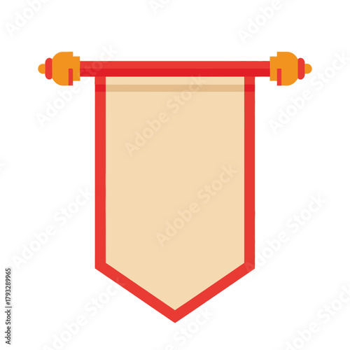 Blank light beige scroll banner with red border and golden finials, hanging from a horizontal red rod, isolated vector illustration for text, announcement, or promotional design