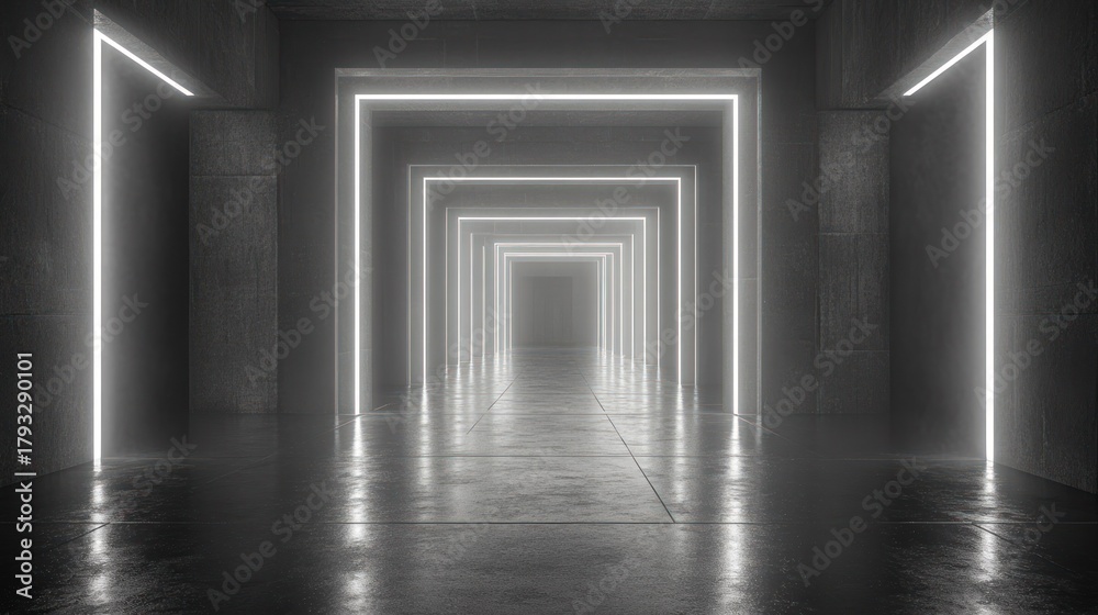 Fototapeta premium Empty concrete tunnel lit by glowing white lines