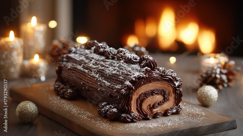french chocolate yule log cake on cozy christmas table by fireplace