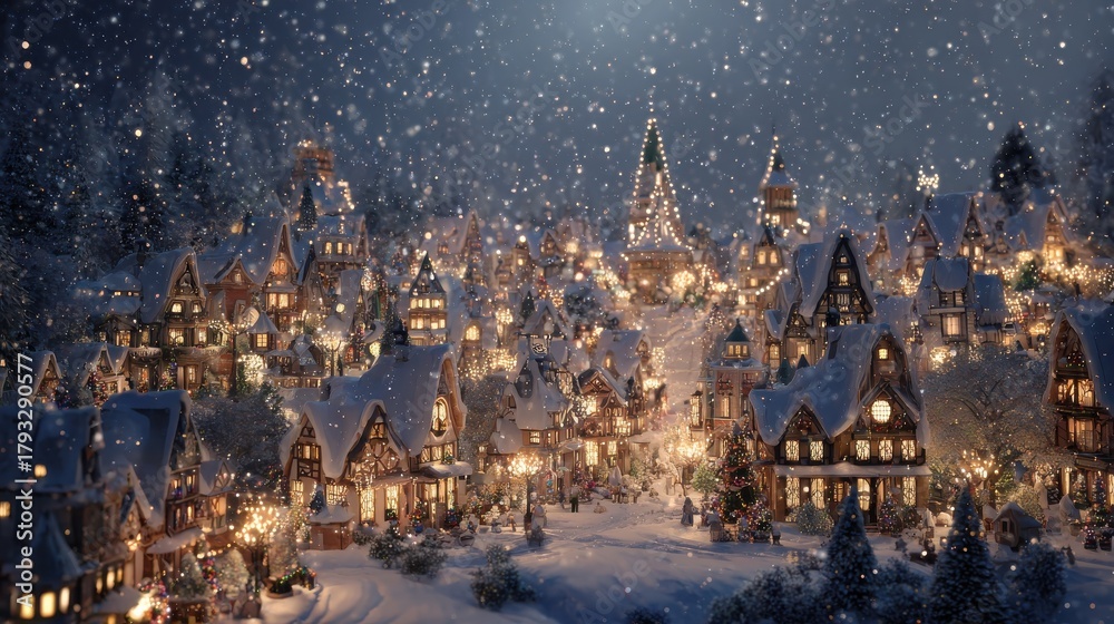Obraz premium winter village festival a magical winter scene unfolds with illuminated rooftops sparkling against a backdrop of falling snow showcasing holiday cheer and festive ambiance