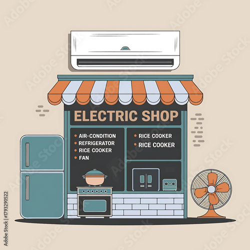 electric shop mockup design featuring appliances and vintage fan with awnings