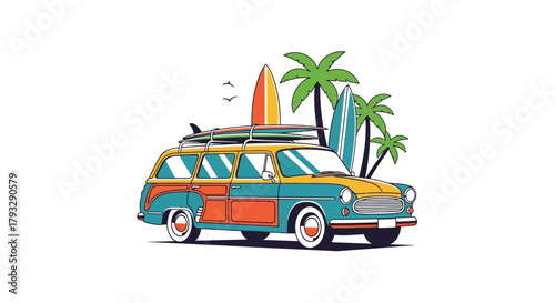 Retro Surf Wagon with Palm Trees and Surfboards.