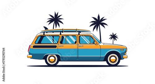 Vintage Surf Wagon with Palm Trees Illustration.