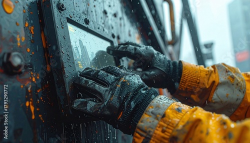 A worker in protective gloves operates a wet industrial touchscreen control panel in the rain.
