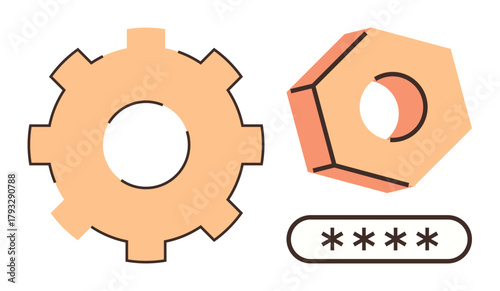 Gear and hex nut alongside a password field, combining mechanical tools and online security. Ideal for technology, maintenance, cybersecurity, engineering, software, innovation, simple flat metaphor