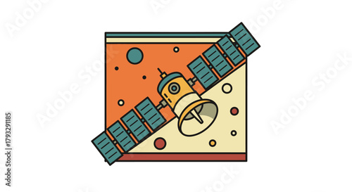 Satellite orbiting a celestial body in space with solar panels extended against a backdrop of stars and planets.