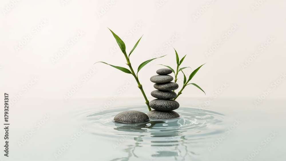 Naklejka premium A stack of smooth stones with green bamboo and water, featuring a peaceful and calming aesthetic.