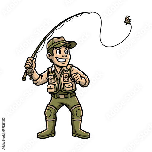 Joyful fly fisherman casting line with fly lure mid air, expertly engaging in outdoor recreational pursuit on a bright day.