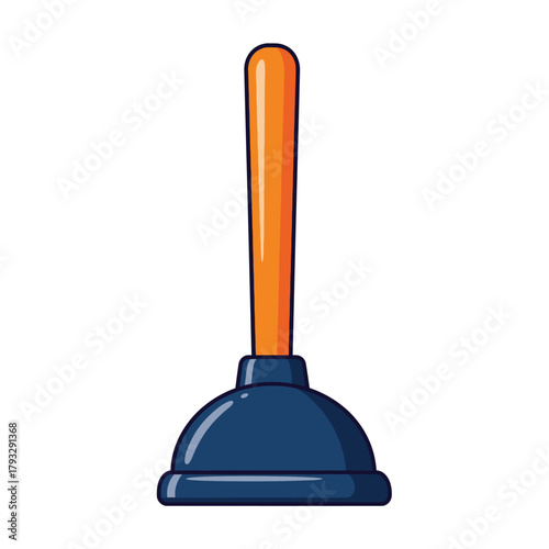 Cartoon illustration of a plumbing tool, a dark blue rubber toilet plunger with a bright orange handle, essential for unclogging drains, sinks, and pipes, isolated on white.