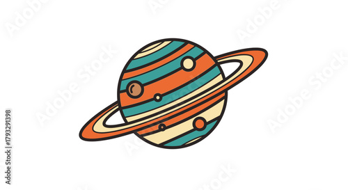 Colorful Cartoon Planet with Rings and Moons.