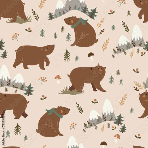 Vector seamless pattern with cute brown bears and mountains. Perfect for Christmas paper, fabric and gift designs