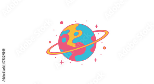 Colorful Cartoon Planet with Ring and Stars Illustration.