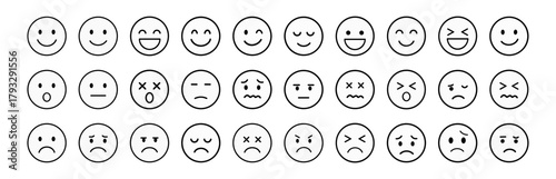 Set of monochrome facial expression icons on transparent background