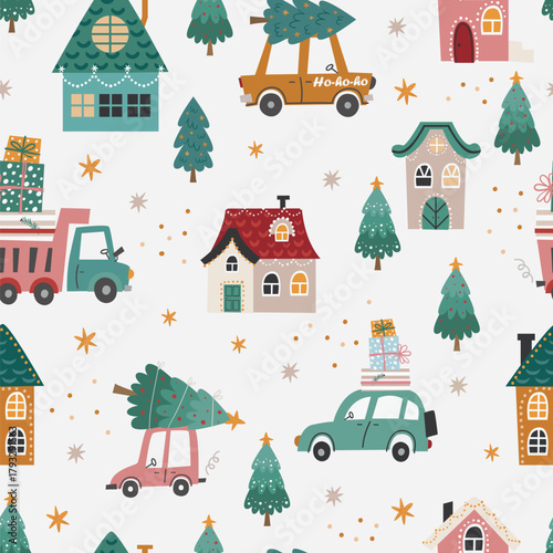 Vector Christmas seamless pattern with houses, cars and gifts. Perfect for Christmas paper, fabric and gift designs