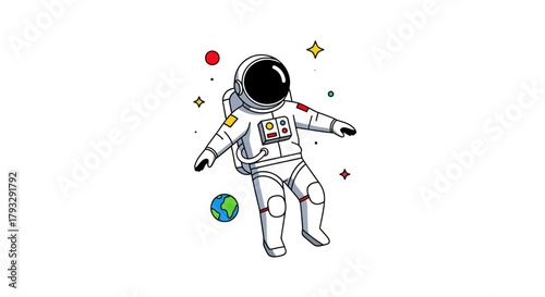 Astronaut Floating in Space with Planets and Stars.