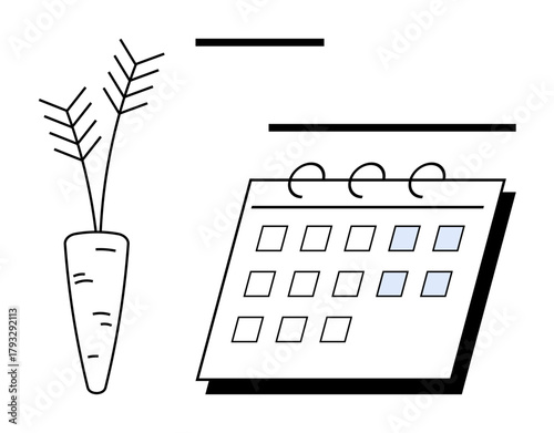 Carrot beside a calendar highlights agricultural planning, growth tracking, and seasonal gardening. Ideal for farming, sustainability, ecology, agriculture, food production, time management