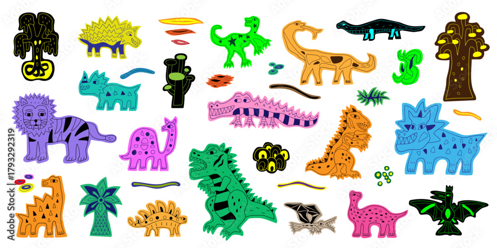 Obraz premium Dinosaurs wild animals doodles vector illustration set 