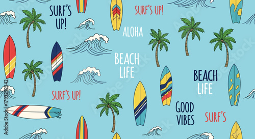 Surfboard and Palm Tree Pattern.
