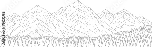 Mountain range peaks forest trees nature landscape wilderness scenic outdoors drawing