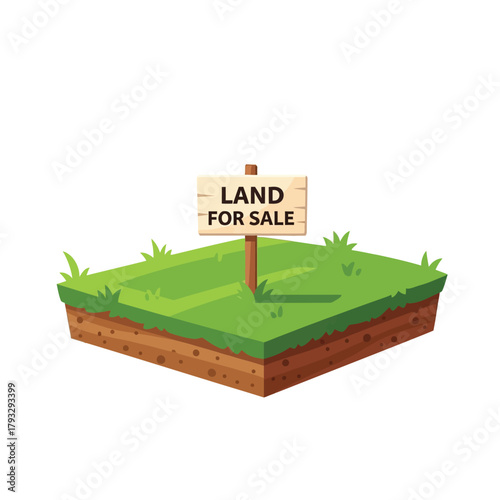 Isometric illustration: green grass land plot with visible soil layers and a 'land for sale' sign, symbolizing real estate, property investment, development, and vacant ground availability.