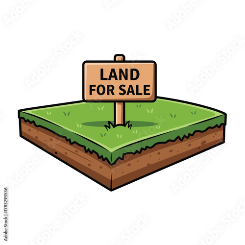 Land for sale sign on a square patch of green grass with visible soil layers, representing real estate market, property investment, development opportunity, and vacant lot availability