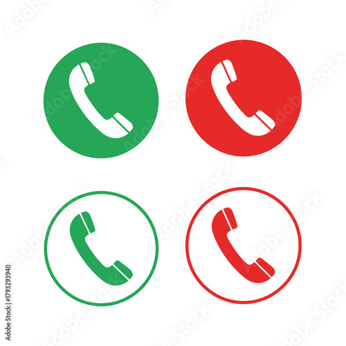 Universal green and red telephone handset icons signifying answer and decline call actions, essential ui elements for digital communication interfaces, mobile application design, and web development.