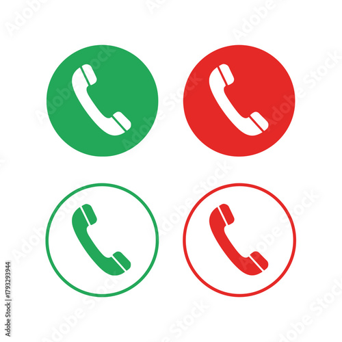 Four telephone receiver icons, green for answer, red for end call, solid and outlined circles, ideal for web, app, user interface, contact, communication, digital button, connection, interaction.