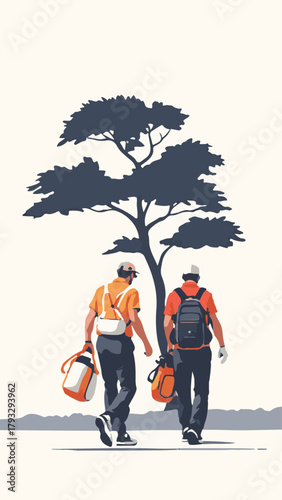 Golfer with caddie walking on golf course vector illustration