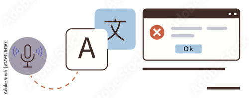 Microphone with sound waves, language alphabet blocks, and error popup on screen. Ideal for translation, language learning, accessibility, communication, user interface, education and speech tools