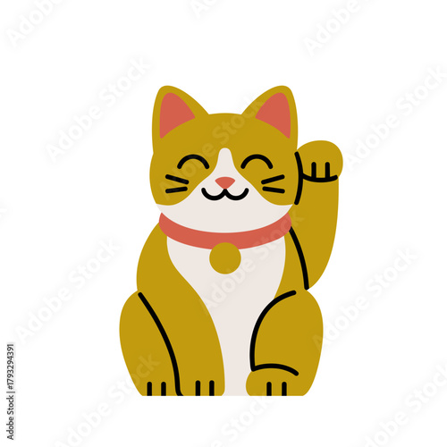 Cute maneki neko lucky cat with a raised paw in flat vector style