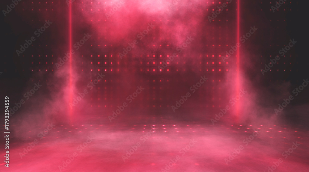 Fototapeta premium Empty stage with bright red neon lights and smoke. Red spotlights, beams, and glare in a dark,