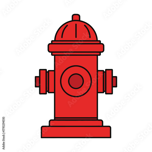 Red fire hydrant isolated on a clean white background, depicted in a minimalist flat design with bold black outlines, a vital emergency water source and urban utility essential for fire safety.