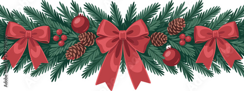 Christmas garland with red bows pine cones and baubles