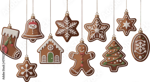Christmas gingerbread cookies hanging as ornaments
