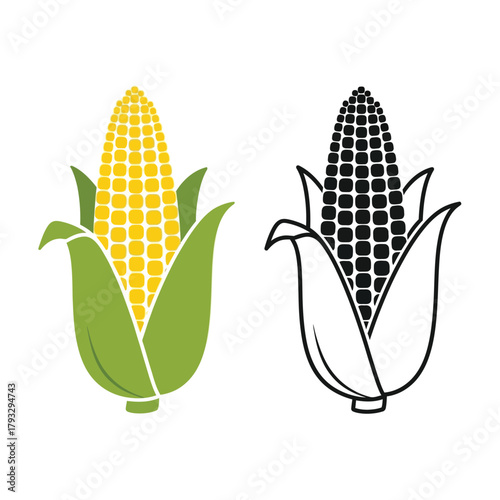 Colorful and black silhouette corn cob icon set, yellow kernels with green husk, outline drawing of maize ear, agriculture and healthy food symbol, isolated vector illustration.