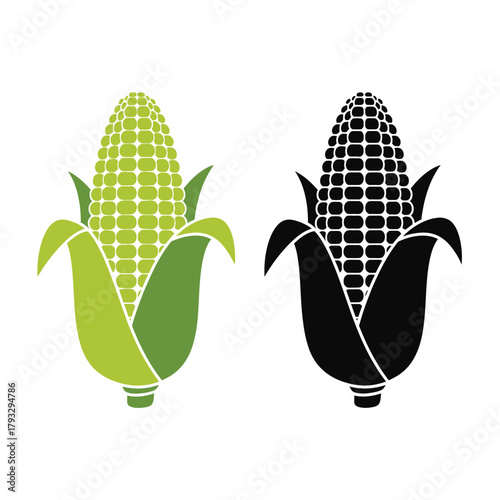 Colorful and silhouette corn cob vector icons presenting maize, a staple grain food with vibrant yellow kernels and green husks, ideal for agriculture, food, and farming designs