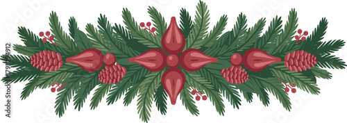 Green fir branches with red pine cones and berries