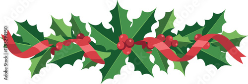 Holly leaves and red berries with ribbon border christmas
